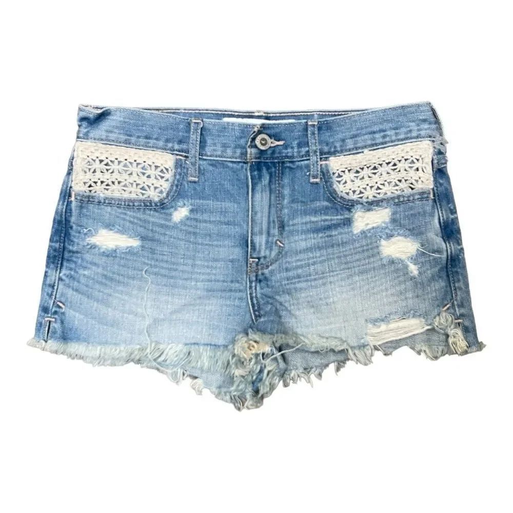 Hollister Blue Denim Jean Cutoff Shorts Size 25 Distressed Crochet Pockets EUC